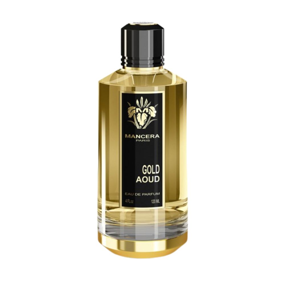 Mancera Gold Aoud Eau de Parfum – luxurious oriental woody fragrance blending oud, rose, and leather notes, presented in a sophisticated 120ml golden glass bottle with black and gold detailing.