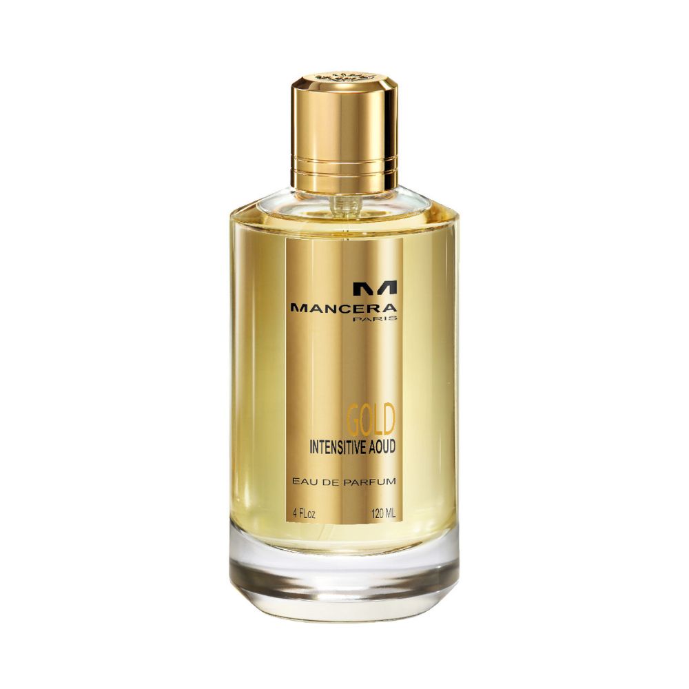 Mancera Gold Intensitive Aoud Eau de Parfum – opulent oriental woody fragrance with notes of oud, rose, and amber, showcased in a 120ml clear glass bottle with a gold metallic label and cap.