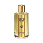 Mancera Gold Prestigium Eau de Parfum – luxurious oriental woody fragrance with notes of agarwood, leather, and white musk, showcased in a 120ml golden glass bottle with an elegant metallic finish and gold cap, embodying prestige and sophistication.