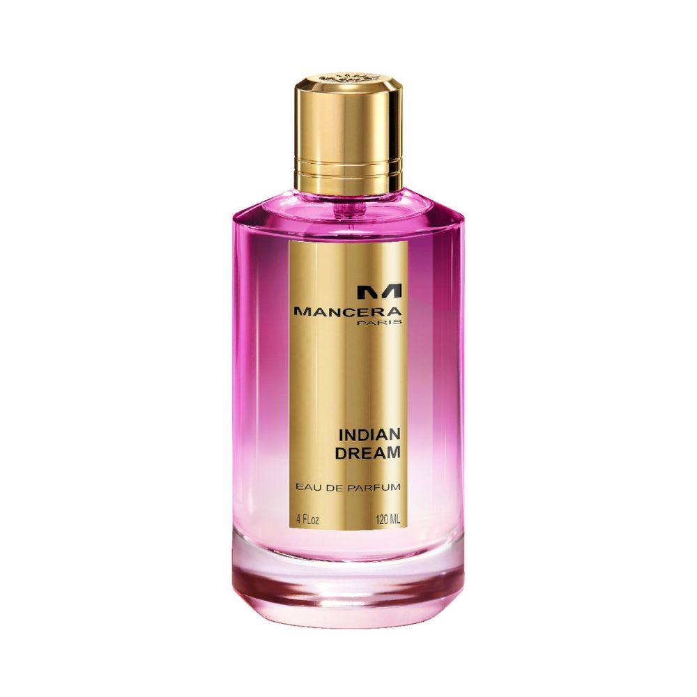 Mancera Indian Dream Eau de Parfum – enchanting floral oriental fragrance for women featuring notes of rose, heliotrope, and vanilla, presented in a luxurious 120ml pink and gold glass bottle.