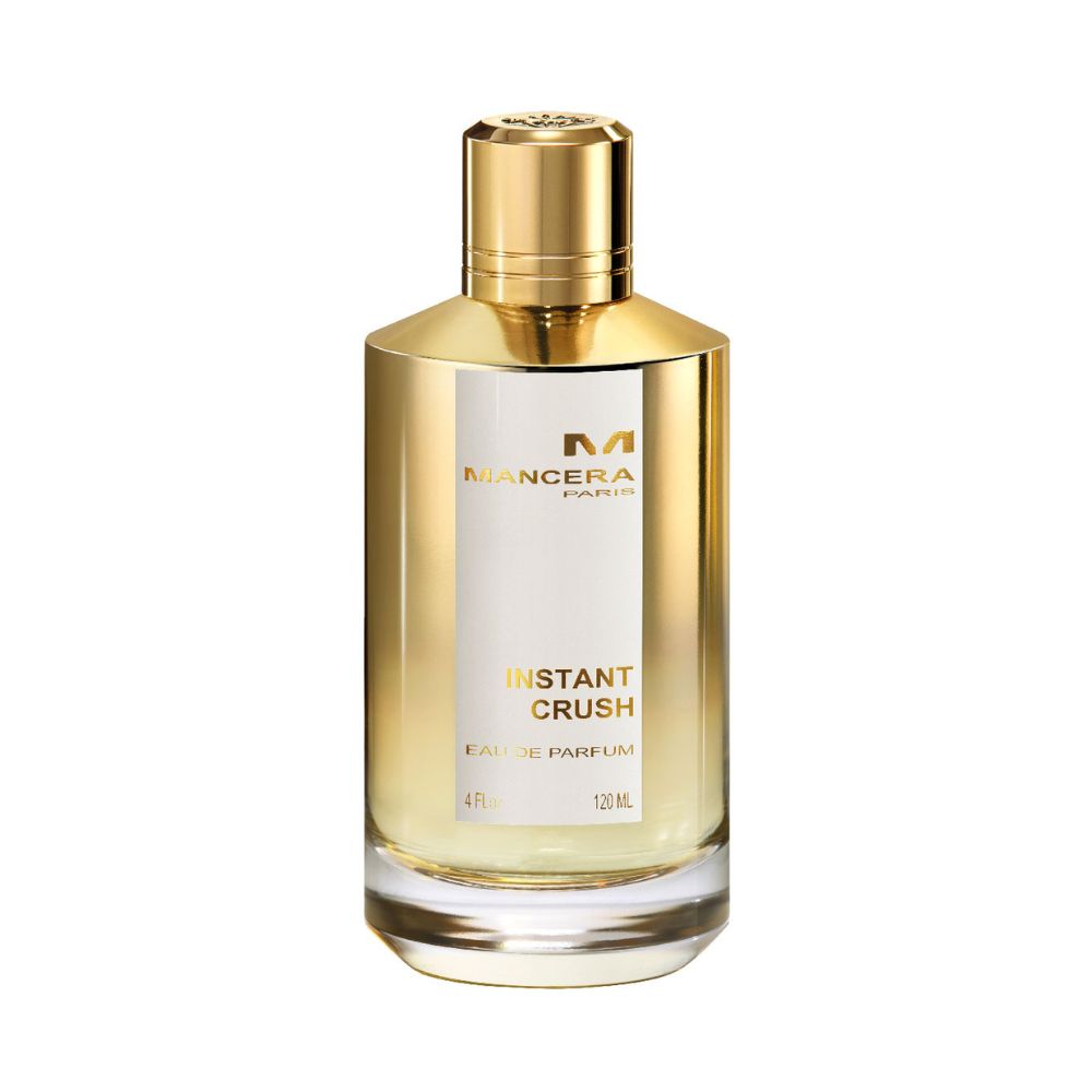 Mancera Instant Crush Eau de Parfum – rich oriental floral fragrance combining amber, saffron, and vanilla notes, showcased in a 120ml luxurious gold-toned glass bottle with a reflective metallic finish.
