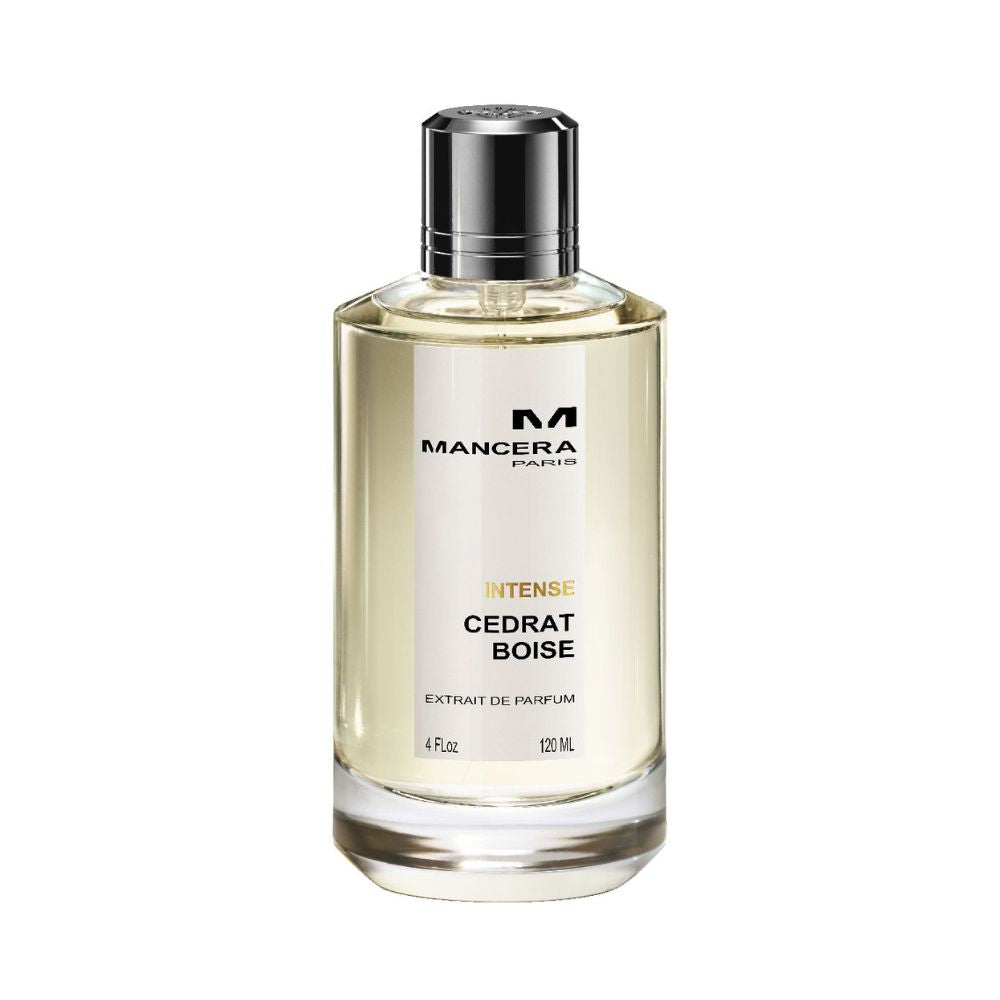 Mancera Intense Cedrat Boise Eau de Parfum – a powerful citrus woody fragrance featuring notes of bergamot, blackcurrant, and leather, elegantly housed in a 120ml clear glass bottle with silver detailing.