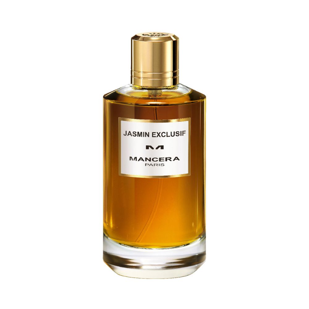Mancera Jasmin Exclusif Eau de Parfum – luxurious floral fragrance highlighting jasmine, amber, and vanilla notes, presented in a refined 120ml golden bottle with an elegant gold cap.