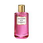 Mancera Juicy Flowers Eau de Parfum – vibrant fruity-floral perfume combining rose, pear, and raspberry notes, presented in a striking 120ml pink bottle with a gold cap.