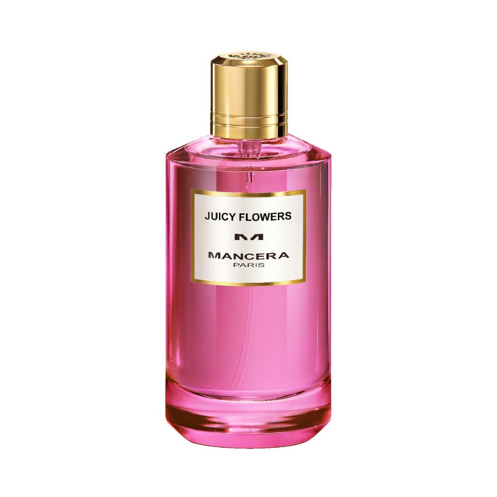 Mancera Juicy Flowers Eau de Parfum – vibrant fruity-floral perfume combining rose, pear, and raspberry notes, presented in a striking 120ml pink bottle with a gold cap.
