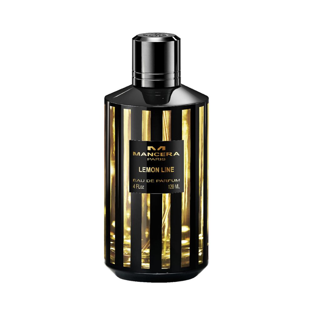Mancera Lemon Line Eau de Parfum – refreshing citrus fragrance featuring lemon, lavender, and white musk, presented in a luxurious 120ml black and gold striped bottle design.