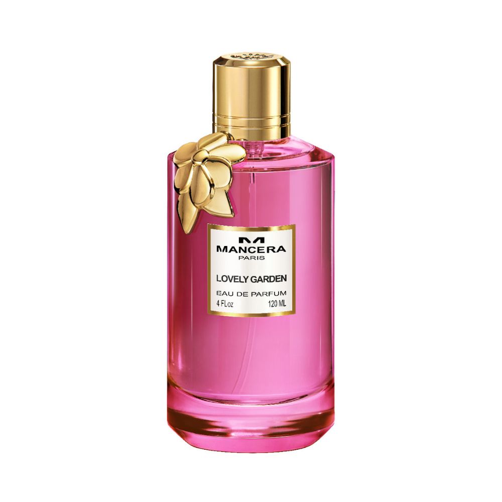 Mancera Lovely Garden Eau de Parfum – luxurious floral fragrance featuring rose, jasmine, and amber, housed in a radiant 120ml pink bottle adorned with a golden flower charm.