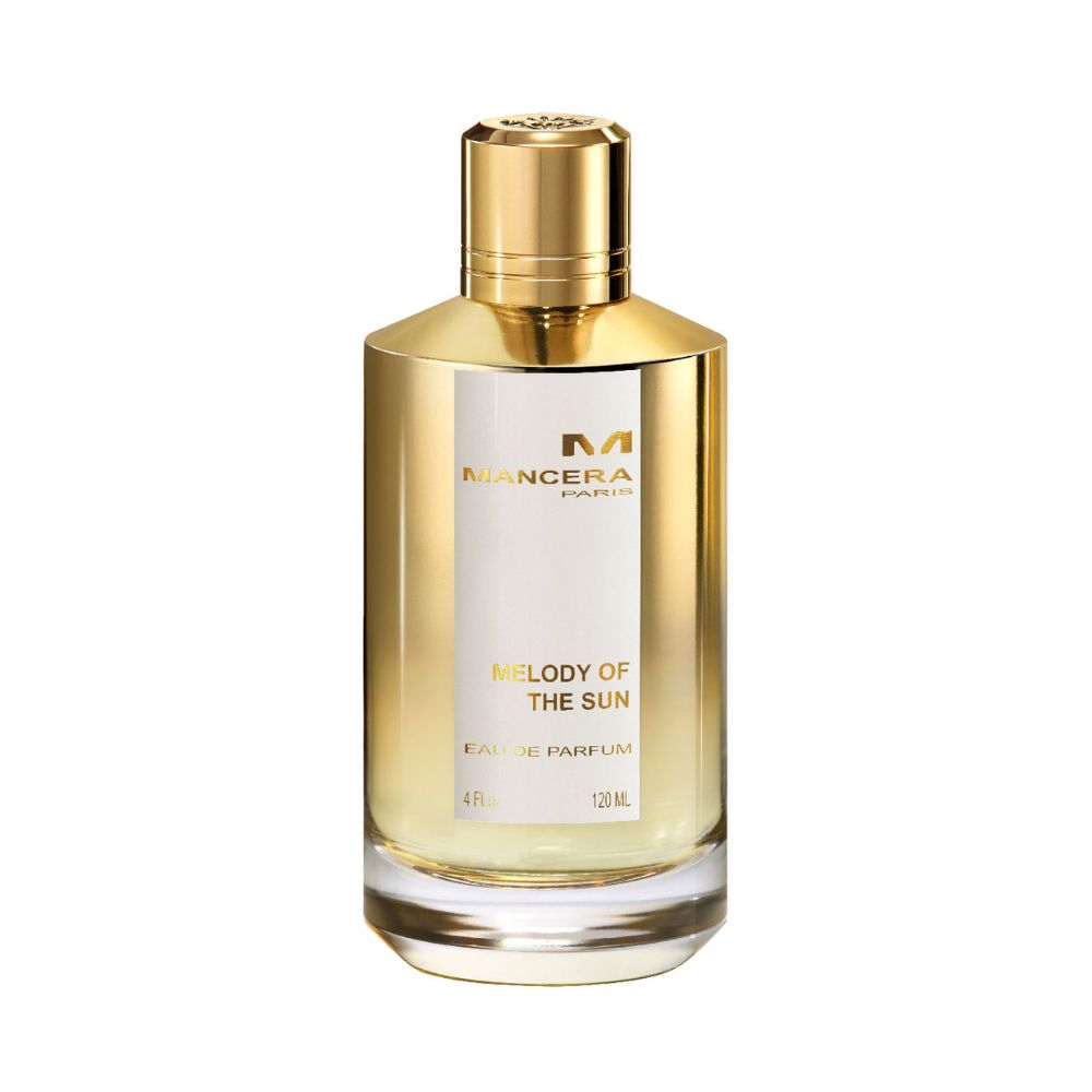 Mancera Melody of the Sun Eau de Parfum – radiant citrus-floral fragrance featuring bergamot, jasmine, and musk, captured in an elegant 120ml gold and white bottle symbolizing sunshine and warmth.