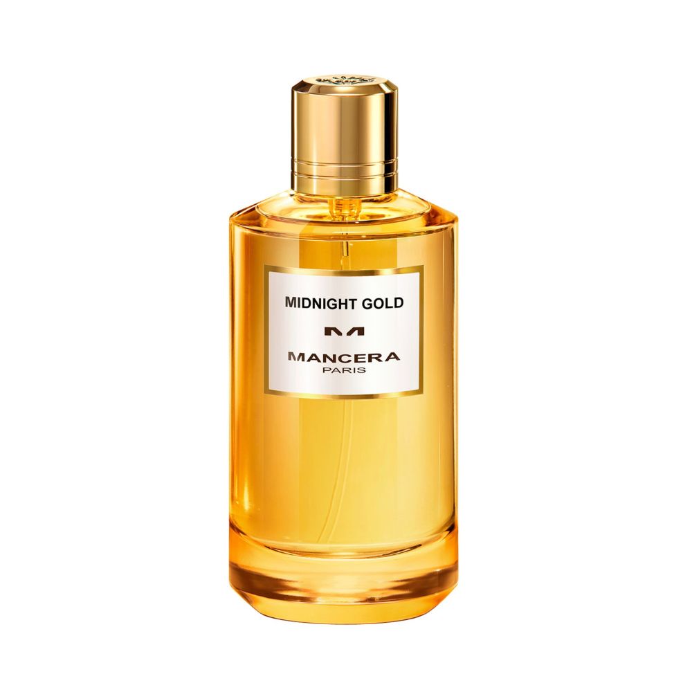 Mancera Midnight Gold Eau de Parfum – elegant woody-aromatic fragrance blending spices, amber, and musk, presented in a luxurious 120ml golden bottle with refined minimal design.