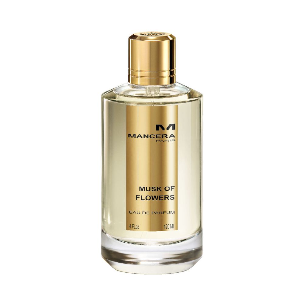 Mancera Musk of Flowers Eau de Parfum – a sophisticated floral musk fragrance with jasmine, rose, and white musk notes, housed in a 120ml transparent bottle with a gold label and cap, embodying purity and timeless elegance.