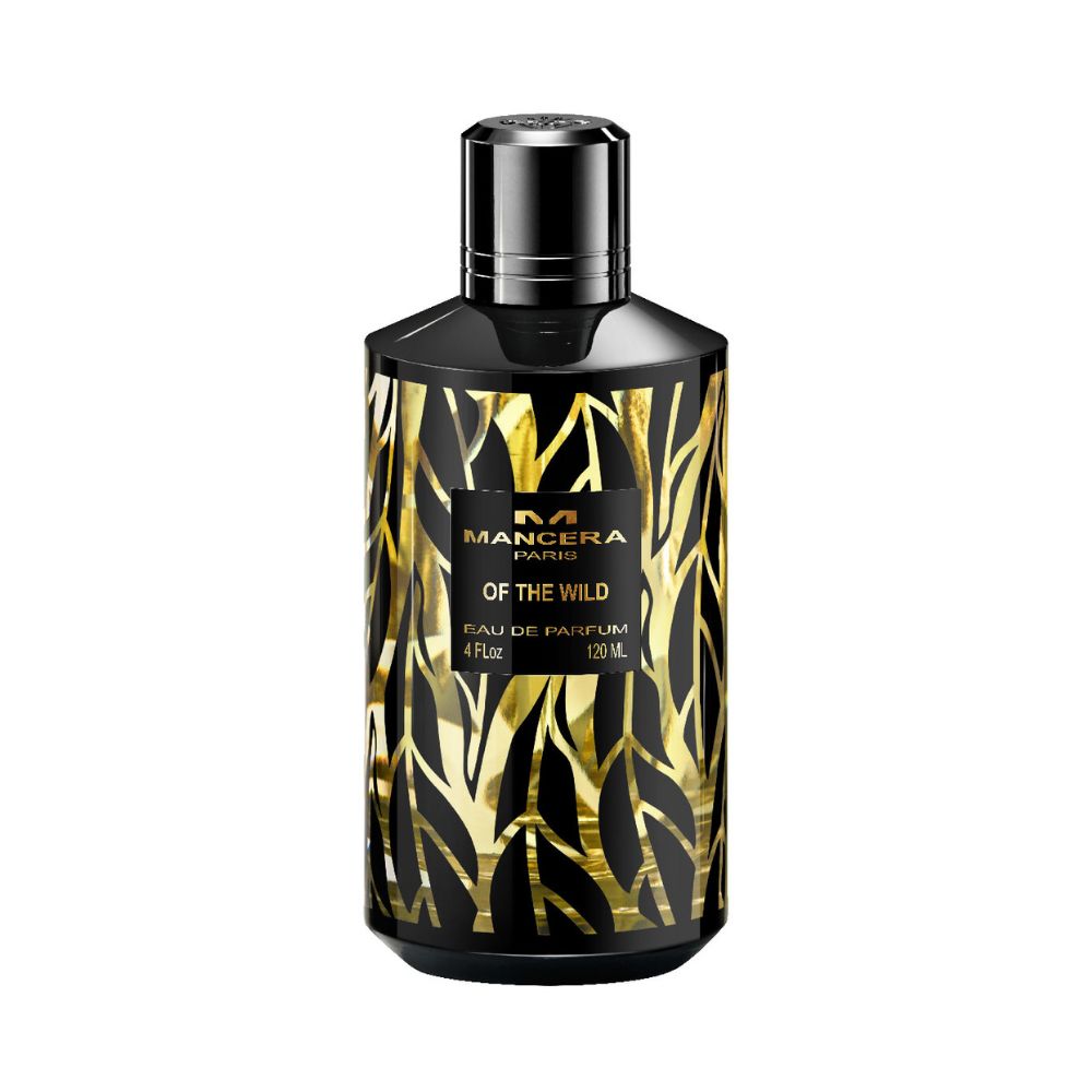 Mancera Of The Wild Eau de Parfum – exotic woody-floral fragrance combining spices, leather, and amber, presented in a striking 120ml black and gold leaf-patterned bottle.