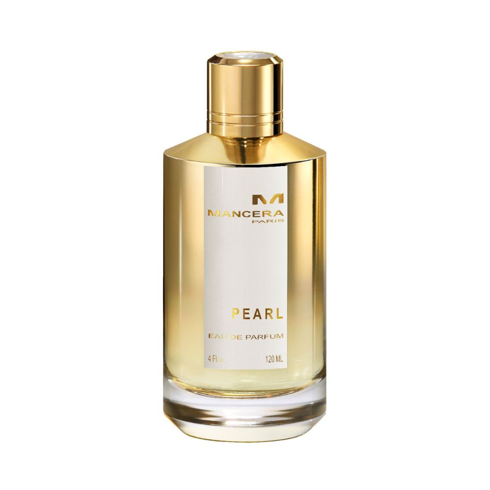 Mancera Pearl Eau de Parfum – sophisticated floral fragrance blending rose, jasmine, and white musk, encased in a 120ml gold and pearl-toned glass bottle with elegant detailing.