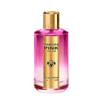 Mancera Pink Prestigium Eau de Parfum – luxurious floral woody fragrance with notes of rose, oud, and leather, presented in a striking pink and gold 120ml bottle with a golden cap.