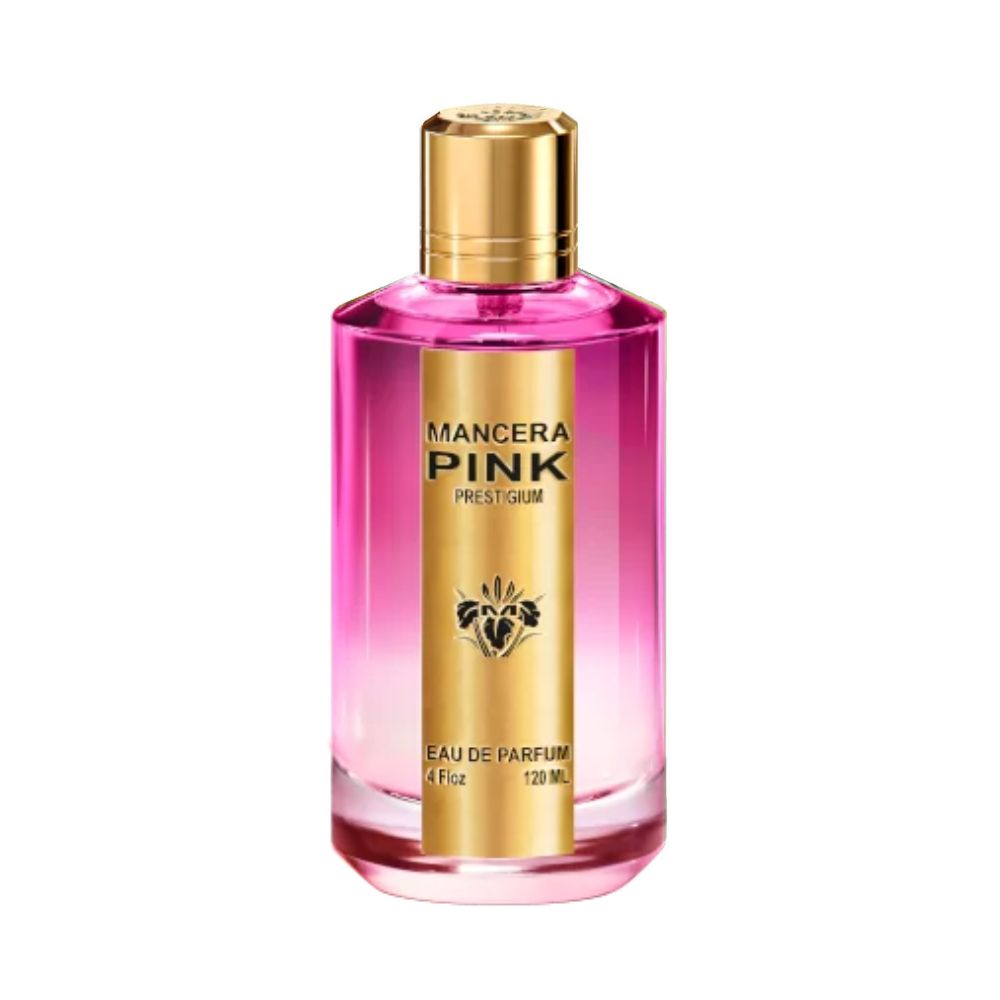 Mancera Pink Prestigium Eau de Parfum – luxurious floral woody fragrance with notes of rose, oud, and leather, presented in a striking pink and gold 120ml bottle with a golden cap.