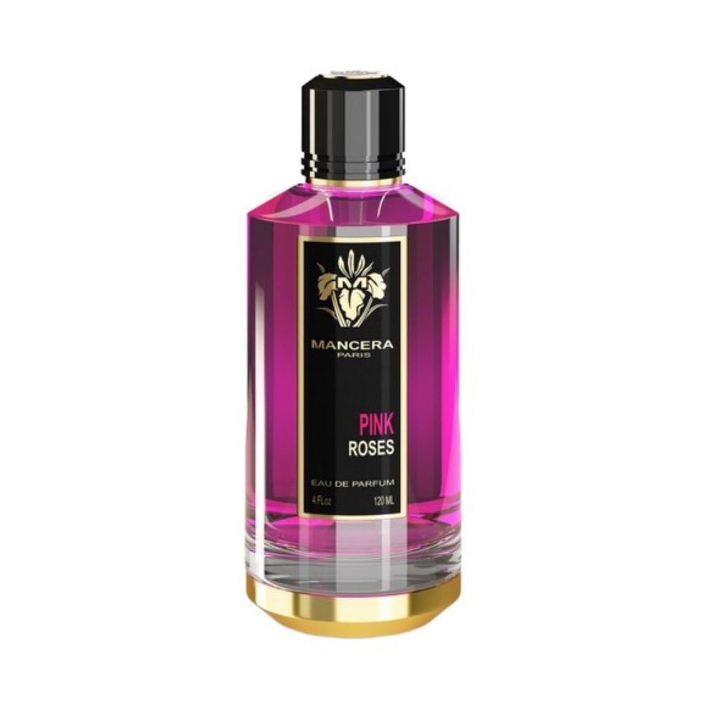 Mancera Pink Roses Eau de Parfum – elegant floral fragrance blending Bulgarian rose, citrus, and white musk, presented in a luxurious 120ml pink and black bottle with gold accents.