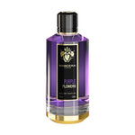 Mancera Purple Flowers Eau de Parfum – elegant floral and woody fragrance with notes of violet, rose, and patchouli, housed in a luxurious 120ml purple glass bottle with gold and black accents.