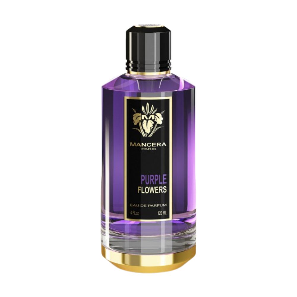 Mancera Purple Flowers Eau de Parfum – elegant floral and woody fragrance with notes of violet, rose, and patchouli, housed in a luxurious 120ml purple glass bottle with gold and black accents.