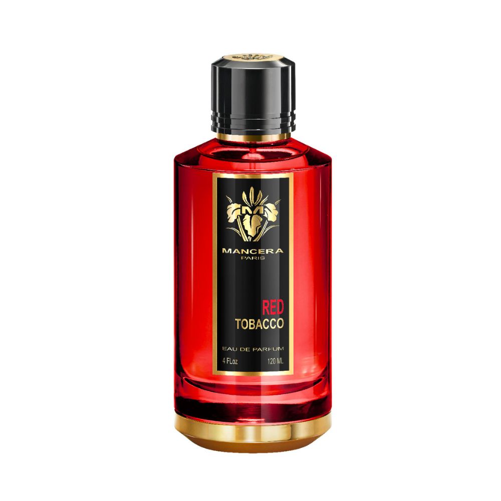 Mancera Red Tobacco Eau de Parfum – an intense, spicy oriental fragrance blending warm tobacco, cinnamon, and oud, housed in a bold red and gold 120ml luxury bottle.