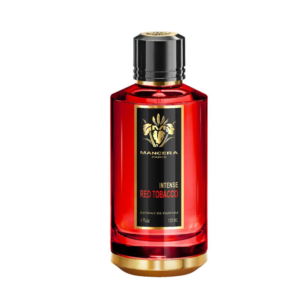 Mancera Red Tobacco Intense Eau de Parfum – rich, smoky oriental fragrance featuring spicy tobacco, oud, and amber notes, showcased in a luxurious 120ml deep red glass bottle with black and gold detailing.