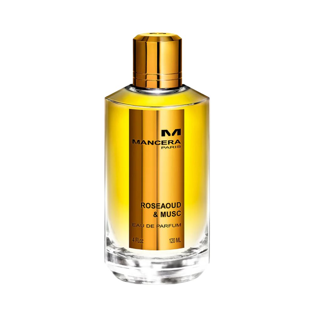 Mancera Rosé Aoud & Musc Eau de Parfum – captivating blend of rose, oud, and musk with oriental warmth, presented in a 120ml luxurious glass bottle featuring a golden label and metallic cap design.