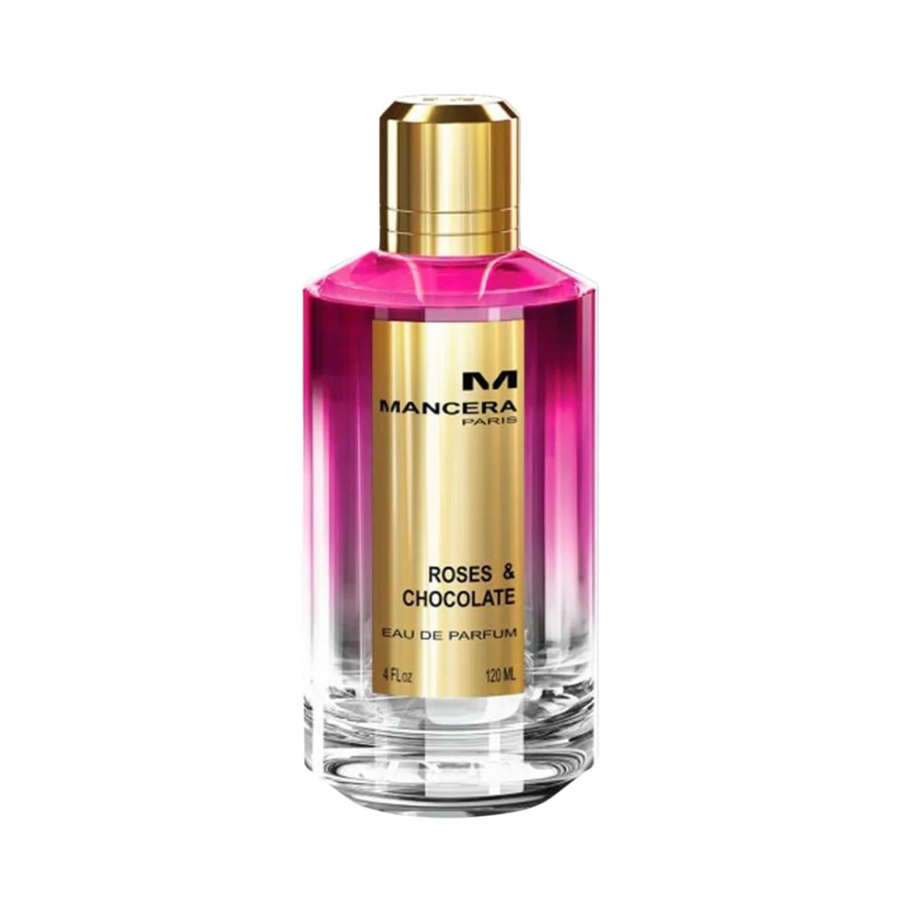 Mancera Roses & Chocolate Eau de Parfum – a sensual gourmand fragrance combining romantic rose petals with rich dark chocolate, presented in a luxurious pink and gold 120ml bottle.