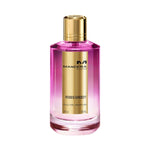 Mancera Roses Greedy Eau de Parfum – elegant fruity floral fragrance blending rose, peach, and amber notes, presented in a luxurious 120ml glass bottle with a pink gradient design and gold cap.