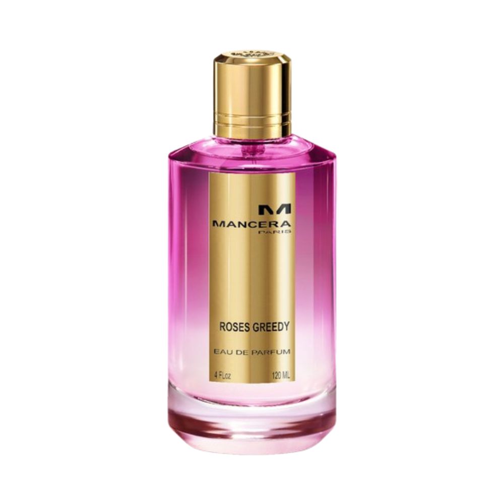 Mancera Roses Greedy Eau de Parfum – elegant fruity floral fragrance blending rose, peach, and amber notes, presented in a luxurious 120ml glass bottle with a pink gradient design and gold cap.