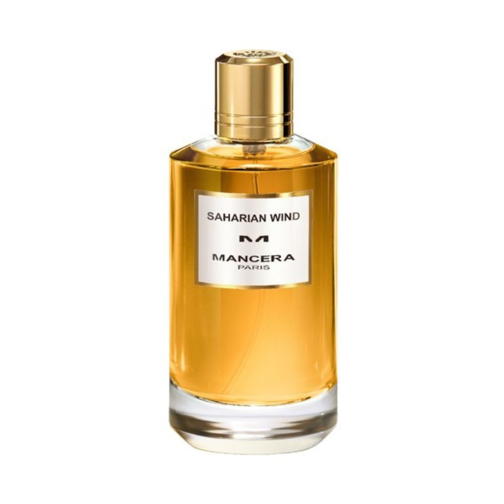 Mancera Saharian Wind Eau de Parfum – captivating oriental woody fragrance with spicy and leathery notes, presented in a 120ml elegant glass bottle filled with warm amber liquid and a gold cap, inspired by desert sophistication.