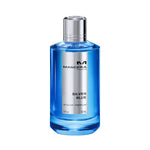 Mancera Silver Blue Eau de Parfum – sophisticated woody aromatic fragrance blending amber, musk, and lavender, presented in a sleek 120ml glass bottle with silver label and metallic blue design for a modern, elegant look.