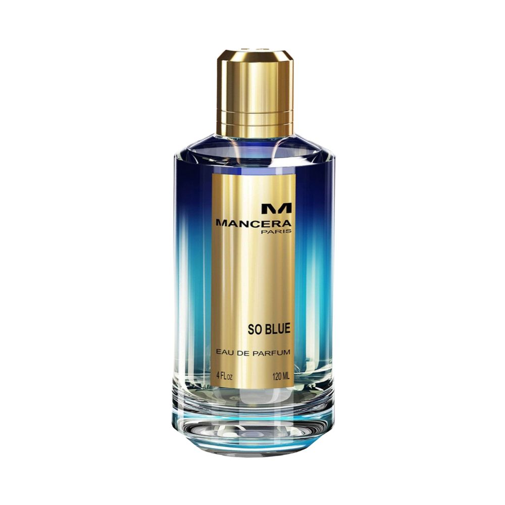 Mancera So Blue Eau de Parfum – vibrant aquatic unisex fragrance with citrus, amber, and musk notes, presented in a 120ml elegant gradient blue glass bottle with gold accents.