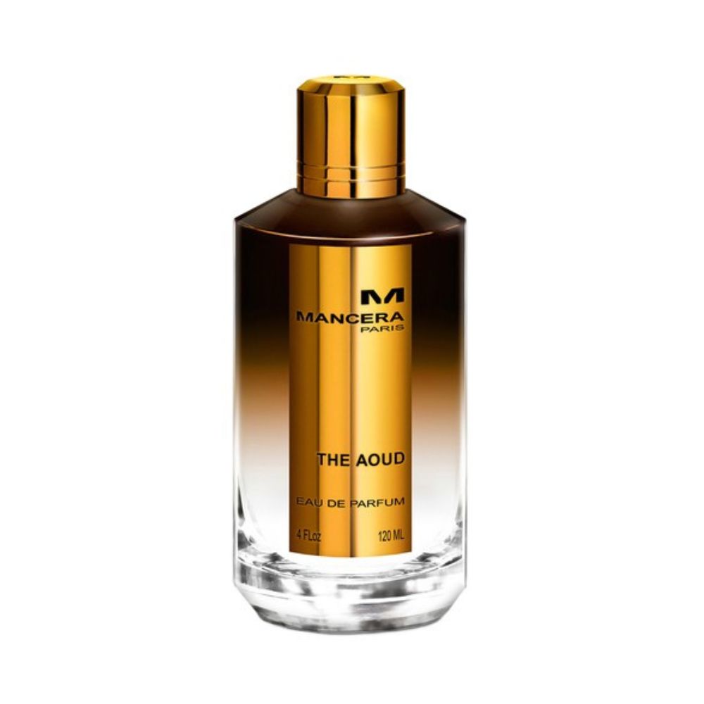 Mancera The Aoud Eau de Parfum – a rich oriental woody fragrance centered on oud, with warm amber and spicy undertones, presented in a luxurious gold and brown gradient 120ml bottle.