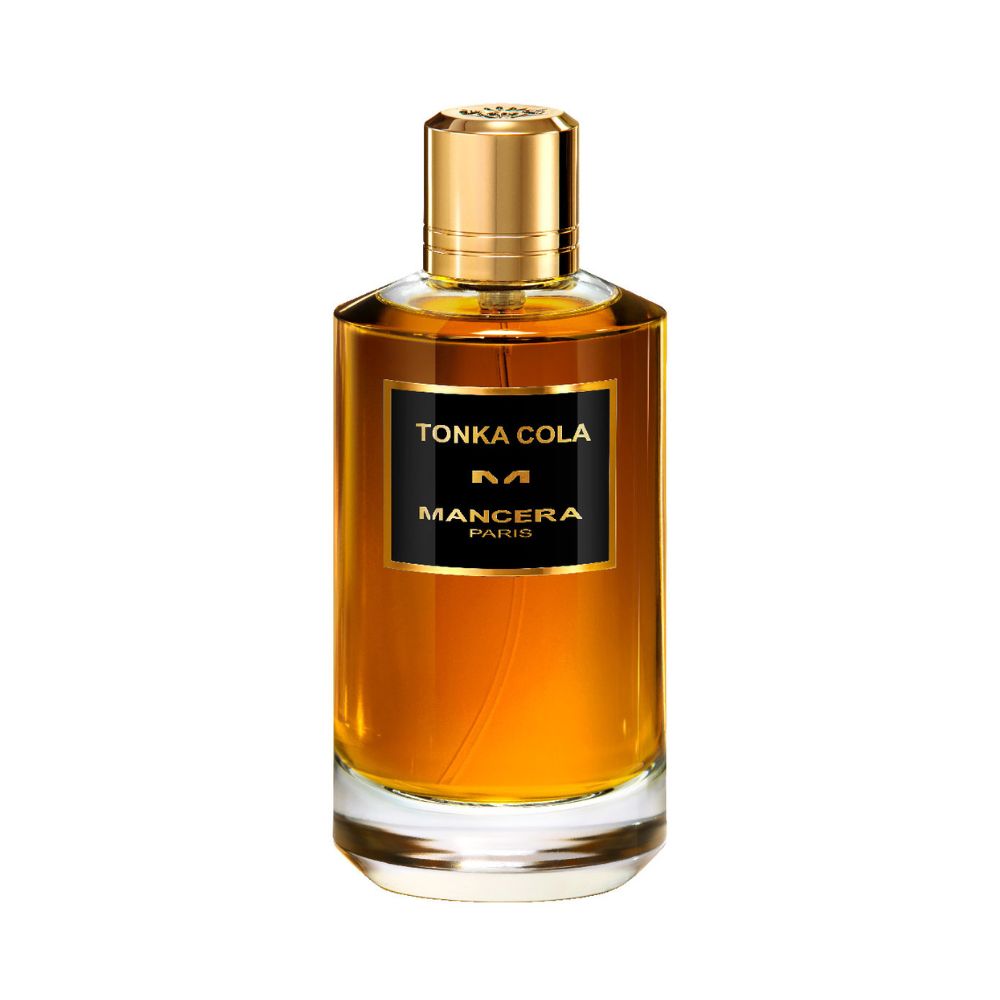 Mancera Tonka Cola Eau de Parfum – a warm and spicy oriental fragrance blending sweet tonka bean with fizzy cola notes, presented in a luxurious amber 120ml bottle with gold accents.
