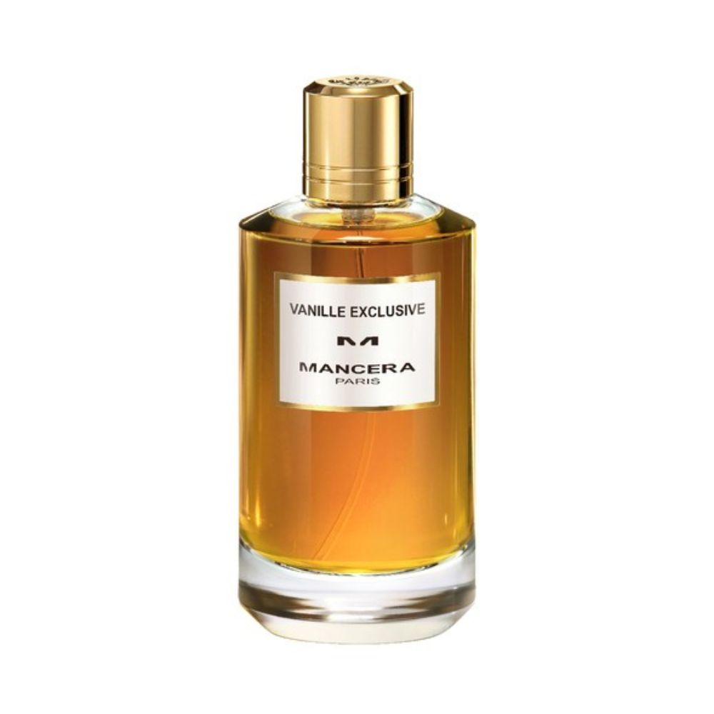 Mancera Vanille Exclusive Eau de Parfum – a rich and sensual vanilla fragrance blended with floral and amber notes, presented in a 120ml golden glass bottle with a sleek gold cap, evoking warmth, luxury, and elegance.