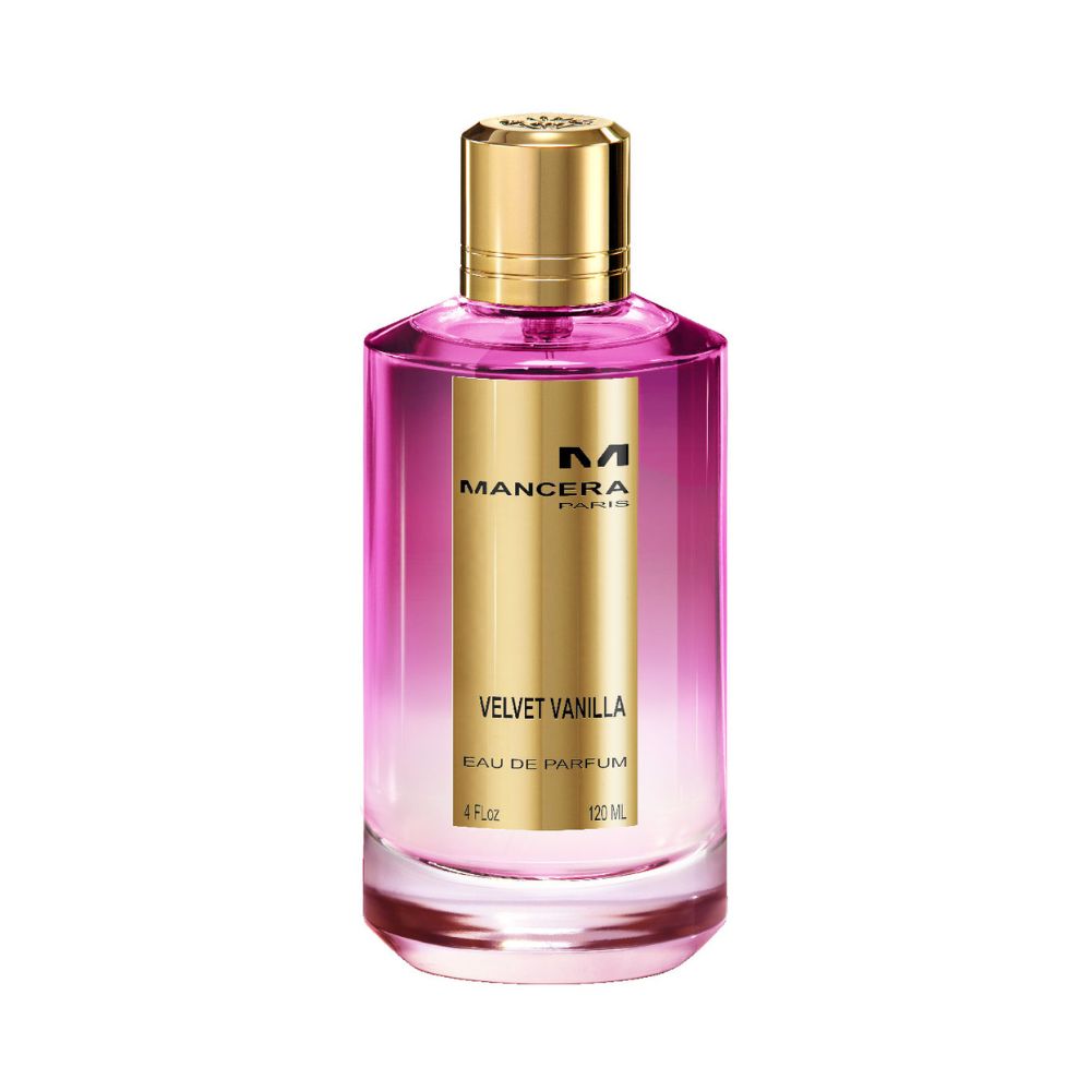 Mancera Velvet Vanilla Eau de Parfum – elegant floral gourmand fragrance with tuberose, jasmine, and creamy vanilla notes, presented in a luxurious pink 120ml bottle with a golden cap.