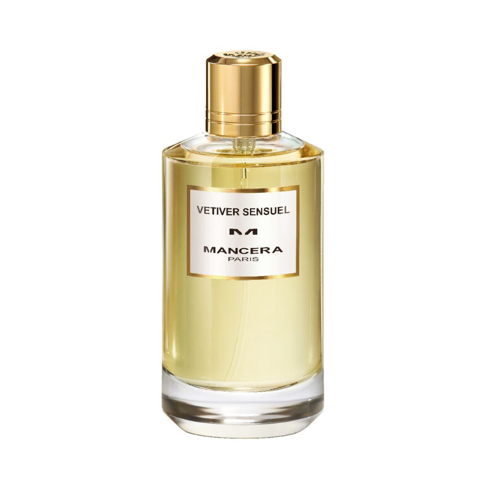 Mancera Vetiver Sensuel Eau de Parfum – refined and fresh woody fragrance with notes of vetiver, citrus, and white flowers, presented in a 120ml clear glass bottle with a gold cap and minimalist white label, symbolizing timeless elegance and natural sophistication.