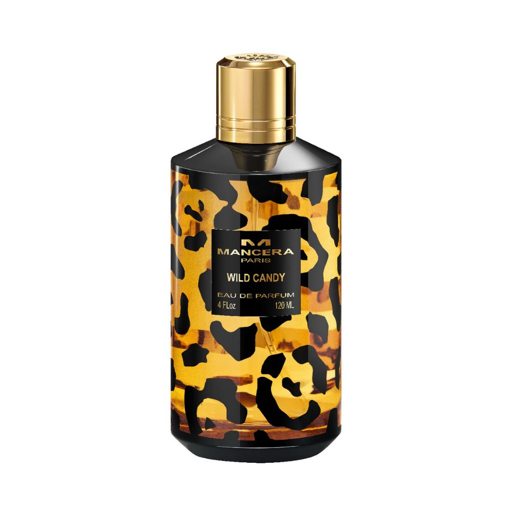 Mancera Wild Candy Eau de Parfum – bold gourmand fragrance blending sweet and exotic notes, showcased in a striking 120ml glass bottle with golden leopard print design and glossy black details for a fierce, luxurious aesthetic.