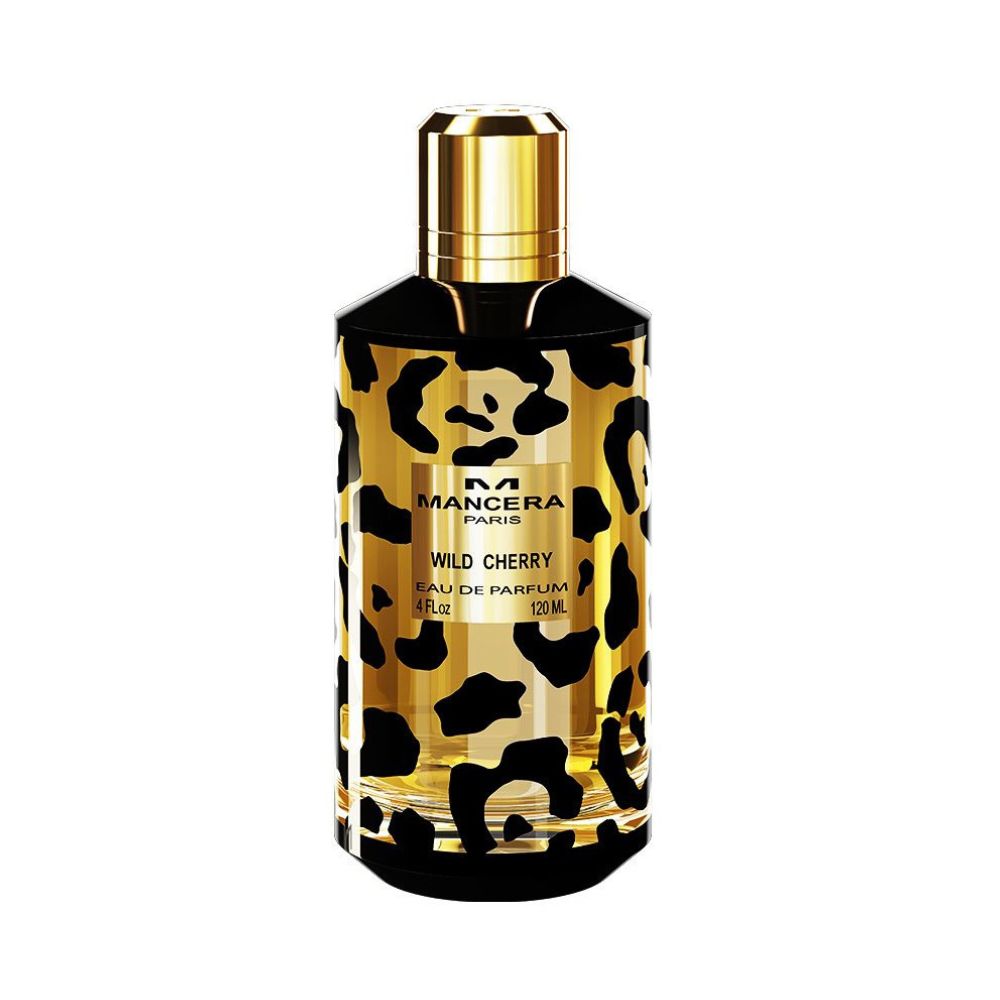 Mancera Wild Cherry Eau de Parfum – vibrant and playful fragrance blending cherry, jasmine, and white musk, showcased in a 120ml leopard-print glass bottle with golden tones and a gold cap, expressing boldness and exotic luxury.