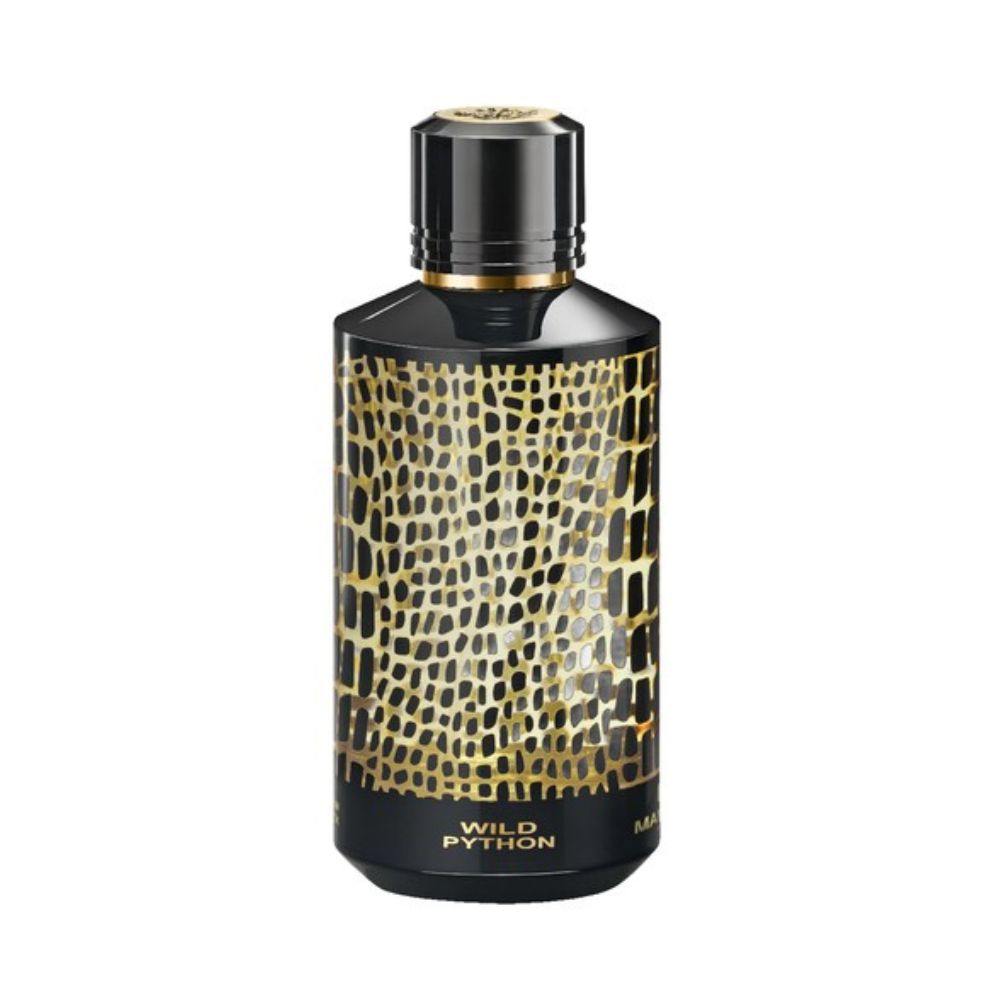Mancera Wild Python Eau de Parfum – luxurious floral-chypre fragrance with tuberose, jasmine, and patchouli, showcased in a bold 120ml black and gold snakeskin-patterned bottle.