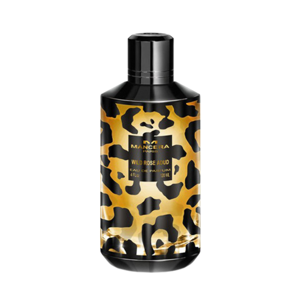 Mancera Wild Rose Aoud Eau de Parfum in a black and gold leopard-pattern 120ml bottle, featuring a luxurious rose and oud niche fragrance.