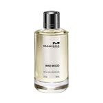 Mancera Wind Wood Eau de Parfum – a refined woody fragrance blending leather, vetiver, and amber notes, elegantly showcased in a 120ml clear glass bottle with silver accents for a timeless masculine allure.
