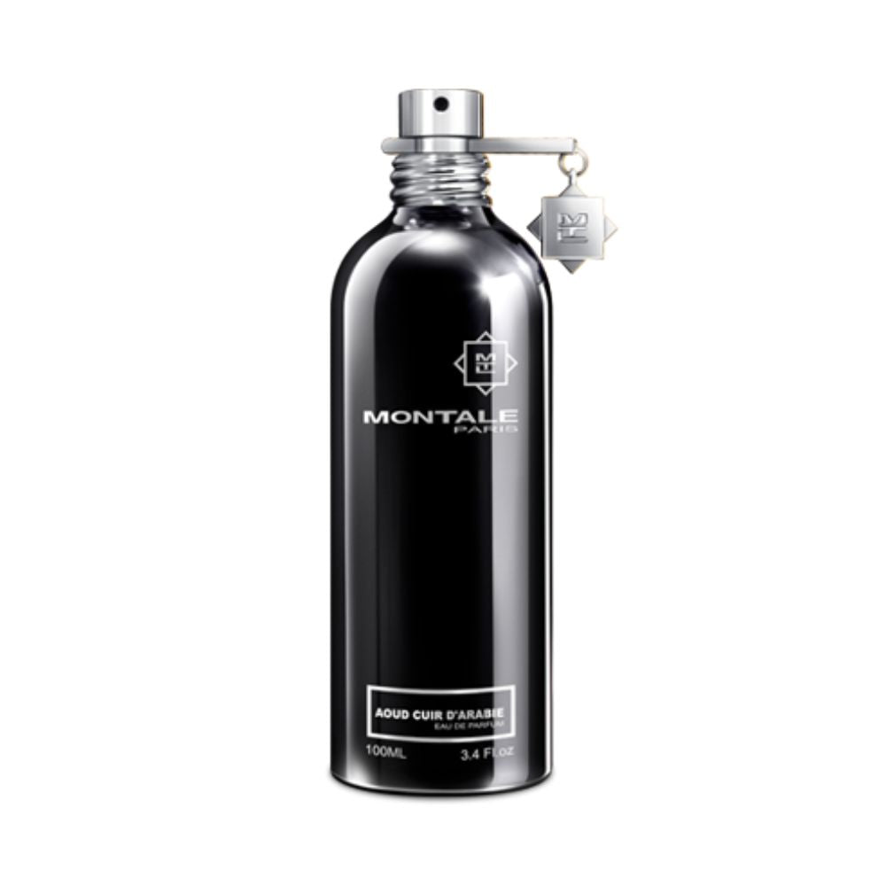 Montale Aoud Cuir d’Arabie Eau de Parfum – bold leather and oud fragrance evoking Arabian sophistication with smoky, woody notes in a sleek 100ml metallic black bottle with silver detailing.