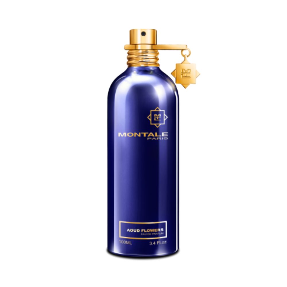 Montale Aoud Flowers Eau de Parfum – rich oriental floral fragrance combining deep oud wood with jasmine, rose, and ylang-ylang notes in a striking 100ml metallic blue bottle accented with gold details.