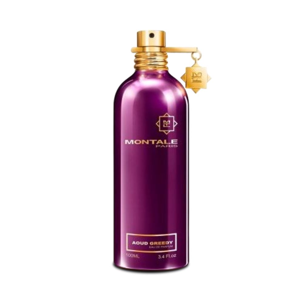 Montale Aoud Greedy Eau de Parfum – sensual oriental woody fragrance combining oud wood, patchouli, and amber with hints of licorice and lemon in a luxurious 100ml metallic purple bottle with gold detailing.