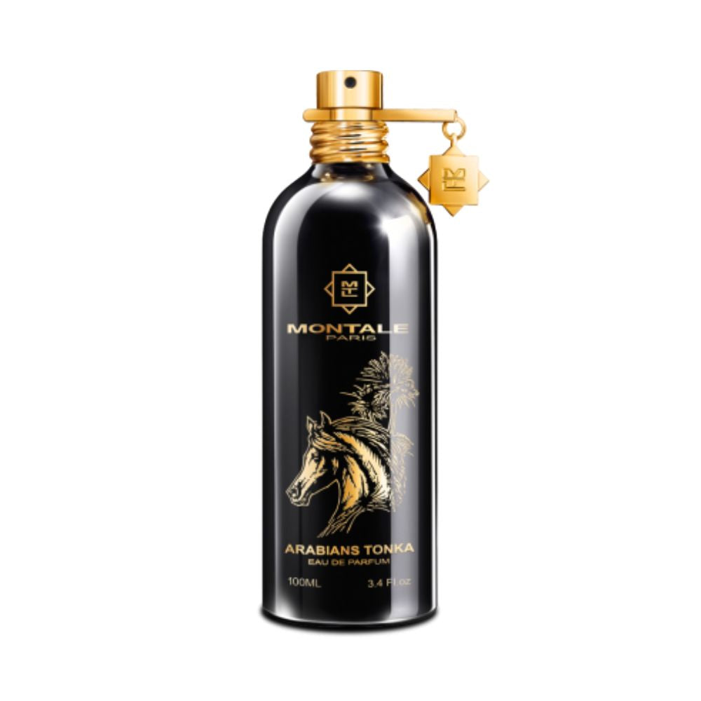 Montale Arabians Tonka Eau de Parfum – opulent oriental fragrance blending rich oud, rose, amber, and tonka bean notes in a luxurious 100ml metallic black bottle adorned with a golden Arabian horse design and gold detailing.