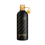 Montale Bakhoor Eau de Parfum – luxurious oriental woody fragrance inspired by traditional Arabian incense, featuring oud, sandalwood, and amber notes in an elegant 100ml matte black bottle with diagonal gold stripes and gold detailing.