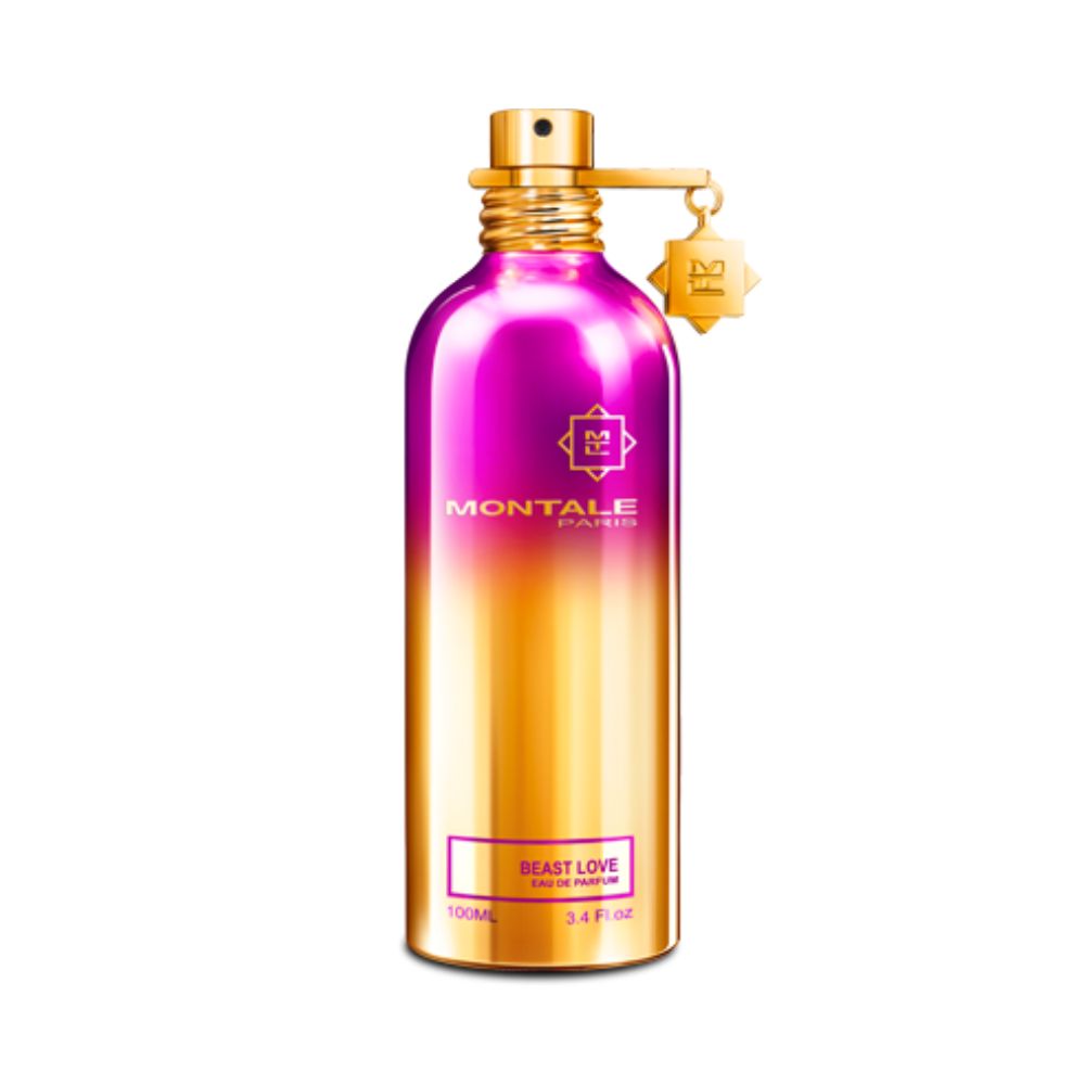 Montale Beast Love Eau de Parfum – daring oriental floral fragrance combining rose, oud, and warm amber notes in a striking 100ml metallic gradient bottle blending fuchsia and gold tones.