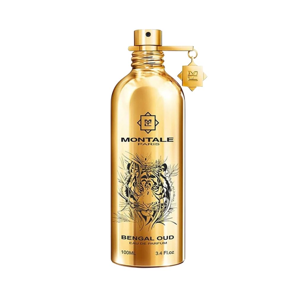 Montale Bengal Oud Eau de Parfum – powerful woody spicy fragrance with oud, leather and citrus notes in 100ml gold bottle featuring a tiger design