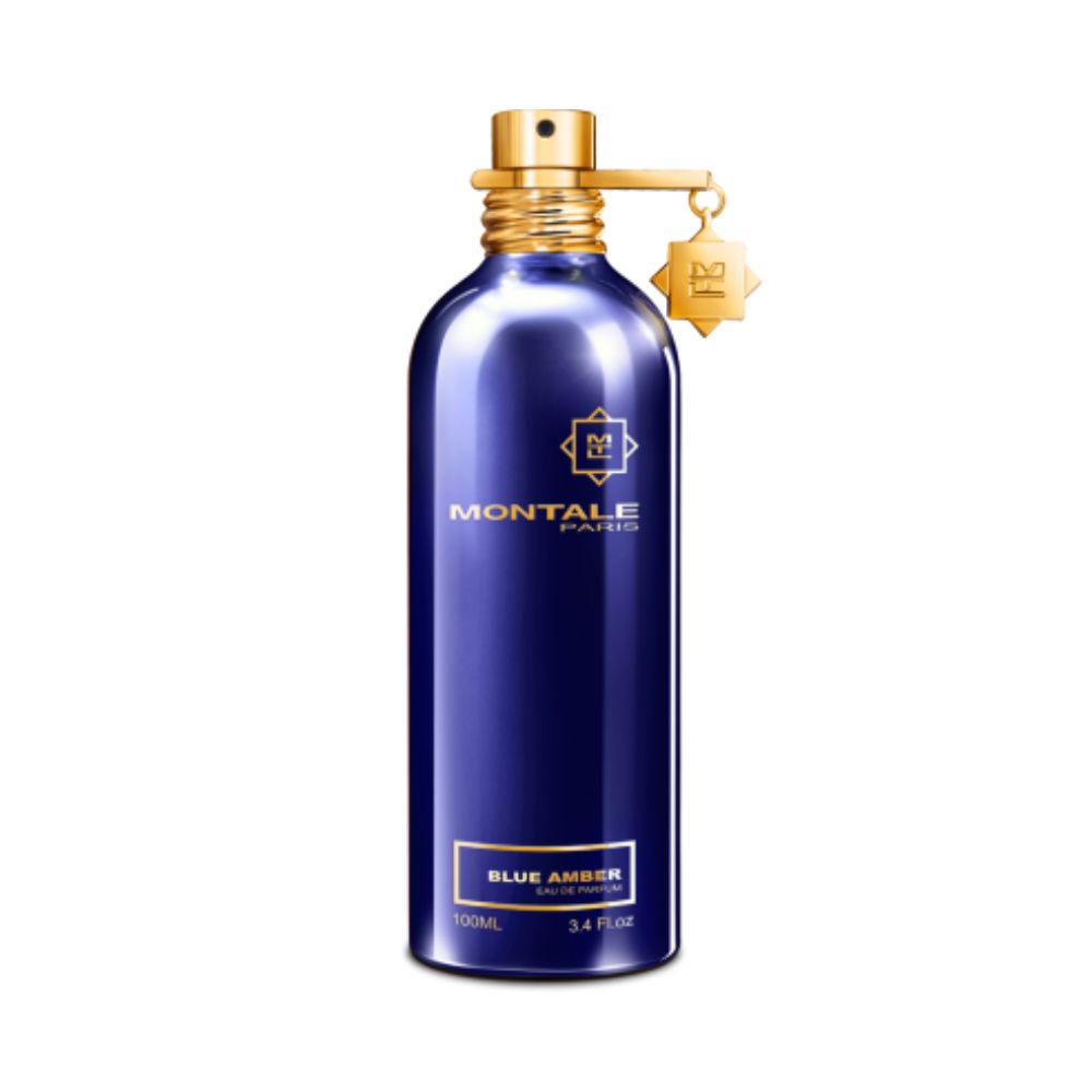 Montale Blue Amber Eau de Parfum – elegant amber fragrance blending fresh coriander, patchouli, and vanilla notes in a luxurious 100ml metallic blue bottle with gold detailing.