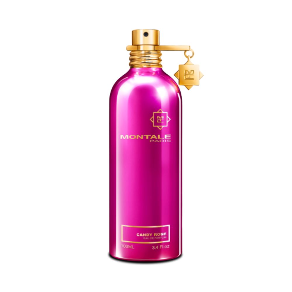 Montale Candy Rose Eau de Parfum – playful floral fruity fragrance blending sweet rose, tangy blackcurrant, and juicy lychee notes in a vibrant 100ml metallic pink bottle with gold detailing.