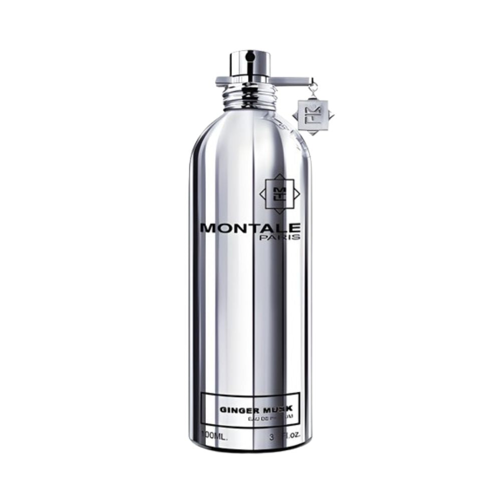 Montale Ginger Musk Eau de Parfum – refreshing spicy musk fragrance blending zesty ginger, fruity blackcurrant, and soft white musk notes in a sleek 100ml metallic silver bottle with refined silver detailing.